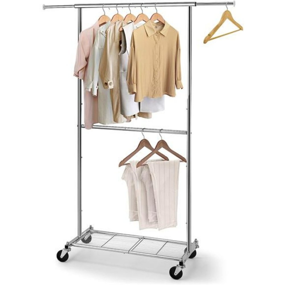 Standard Clothing Garment Rack with Wheels & Bottom Shelves, Extendable, Chrome